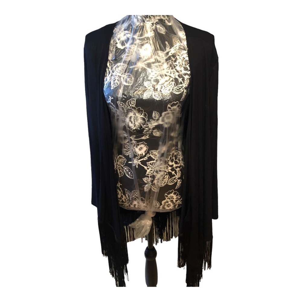 Ella Moss  medium black knit open front silky jacket long fringe (RUNS LARGE)